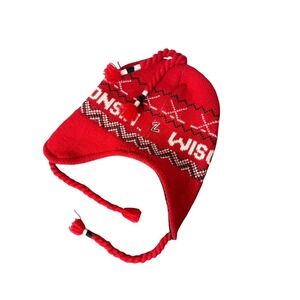 Wisconsin‎ Badgers One Size Acrylic Knit Hat Fleece Lined Ear Flaps Fair Isle
